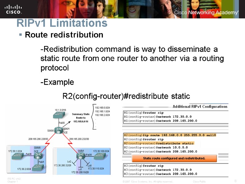 RIPv1 Limitations Route redistribution   -Redistribution command is way to disseminate a 